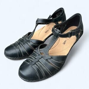 Clarks Womens Wendy Alto Black Leather T Strap Fisherman Comfort Sandal sz 10 M